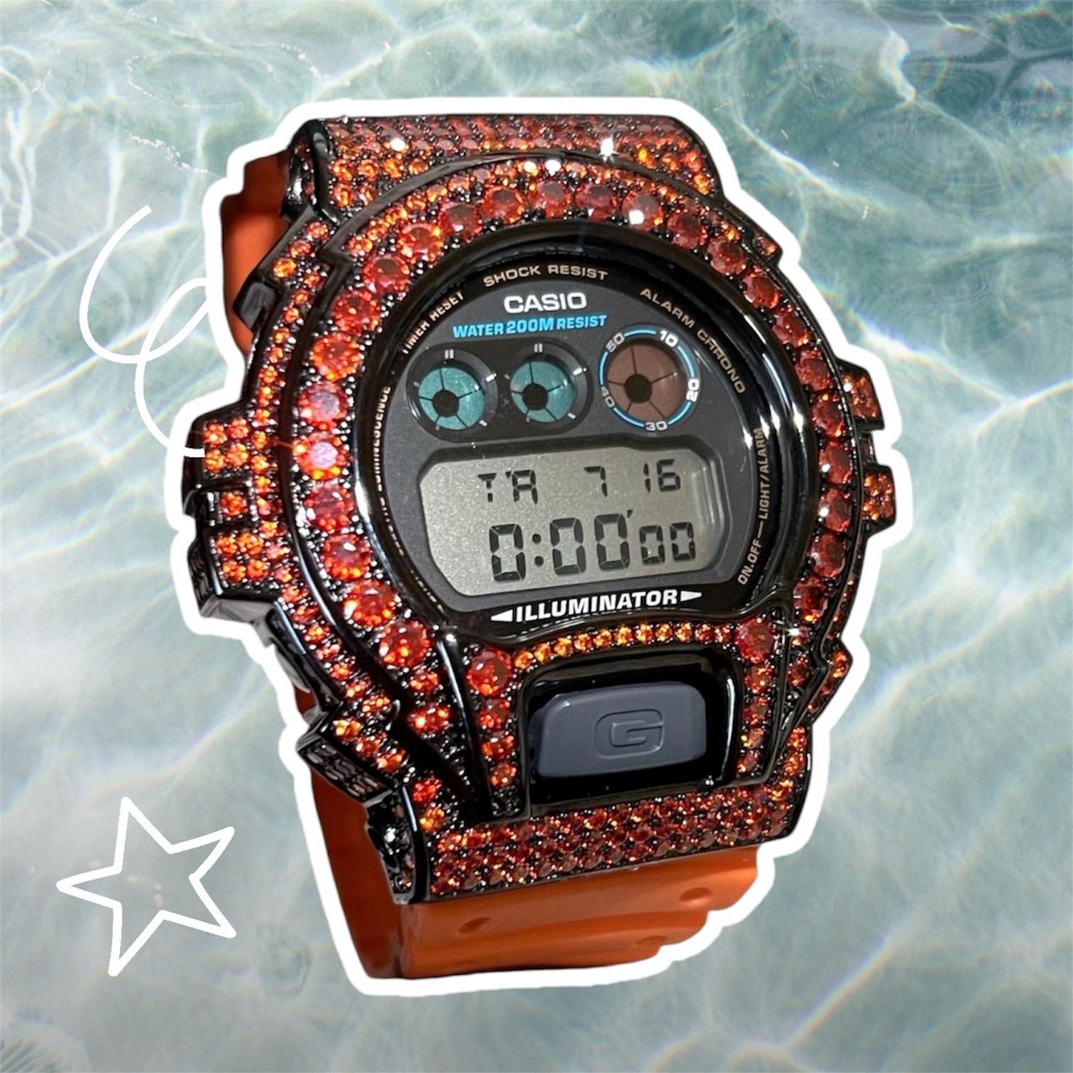 Custom Black and Orange Bust Down G-Shock Iced Out Watch – New – $225